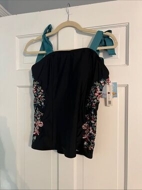 Black Embroidered swim top with Teal Tie Straps